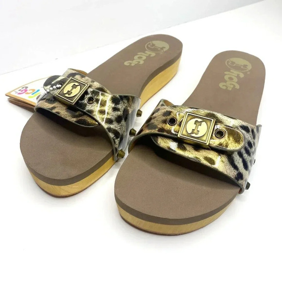 NEW Flogg Melanie Sandals Animal Print Wooden Platform Slides Retro Y2K Size 7.5 - Picture 1 of 10